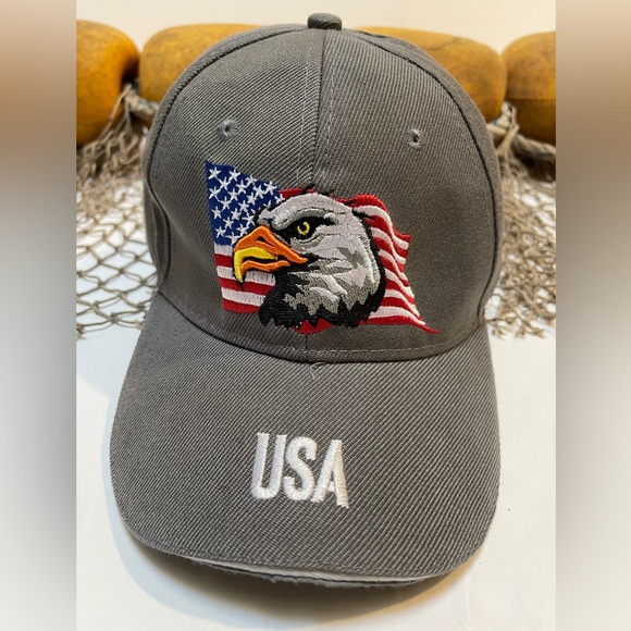 Mens USA Eagle Flag Emblem Military Khaki Green Canvas Adjustable Hat Cap - Picture 2 of 5